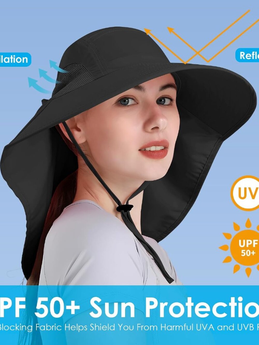 Womens Sun Hat UV Protection, Foldable Waterproof Wide Brim Bucket Hats with Nec - Picture 3 of 7